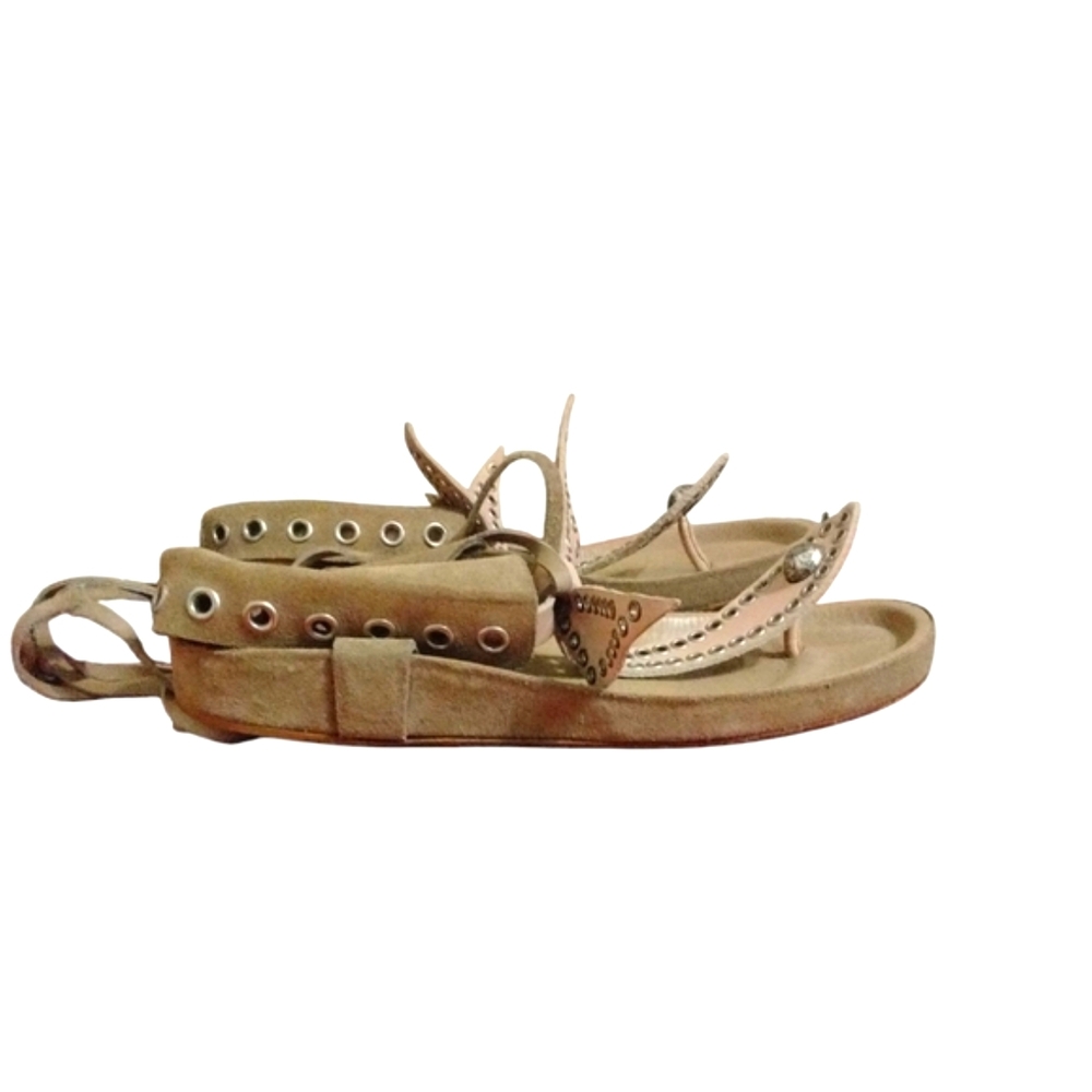 Isabel Marant Tan Leather Lace Up Sandals Size 6 Studded Thongs - Picture 5 of 12